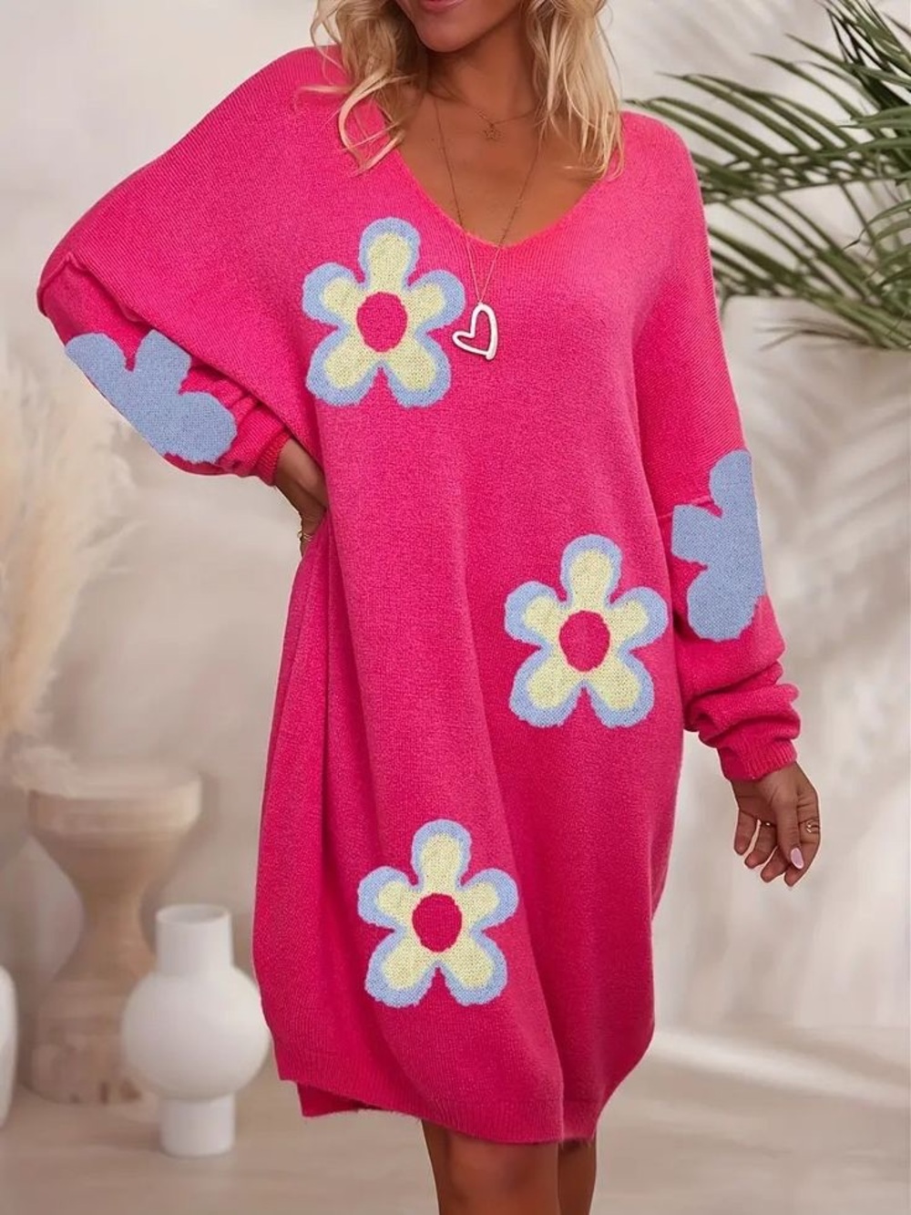 Unbranded Women's size 5XL Bright Pink V Neck Sweater Dress Floral